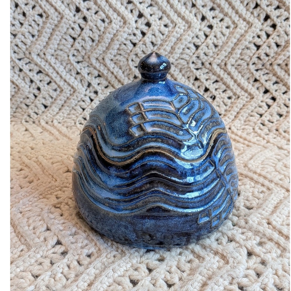 Barker Studio Pottery Cobalt Blue Lidded Jar Textured Wavy Design Signed 5.5in